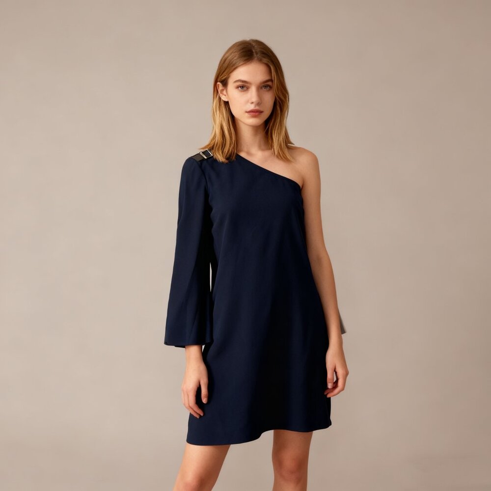 NWOT Les Petites Women Navy Blue One-Shoulder Long Flared Dress Size 36